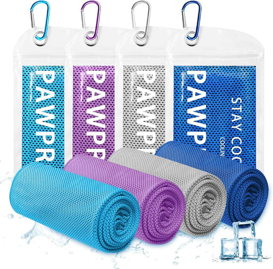PAWPRO 4 Packs Cooling Towels for Neck and Face(40"x12"), Soft Breathable Cooling Towel with Waterproof Bag & Carabiner,Microfiber Cooling Towels for Yoga, Sport,Gym,Camping (Multicolor)