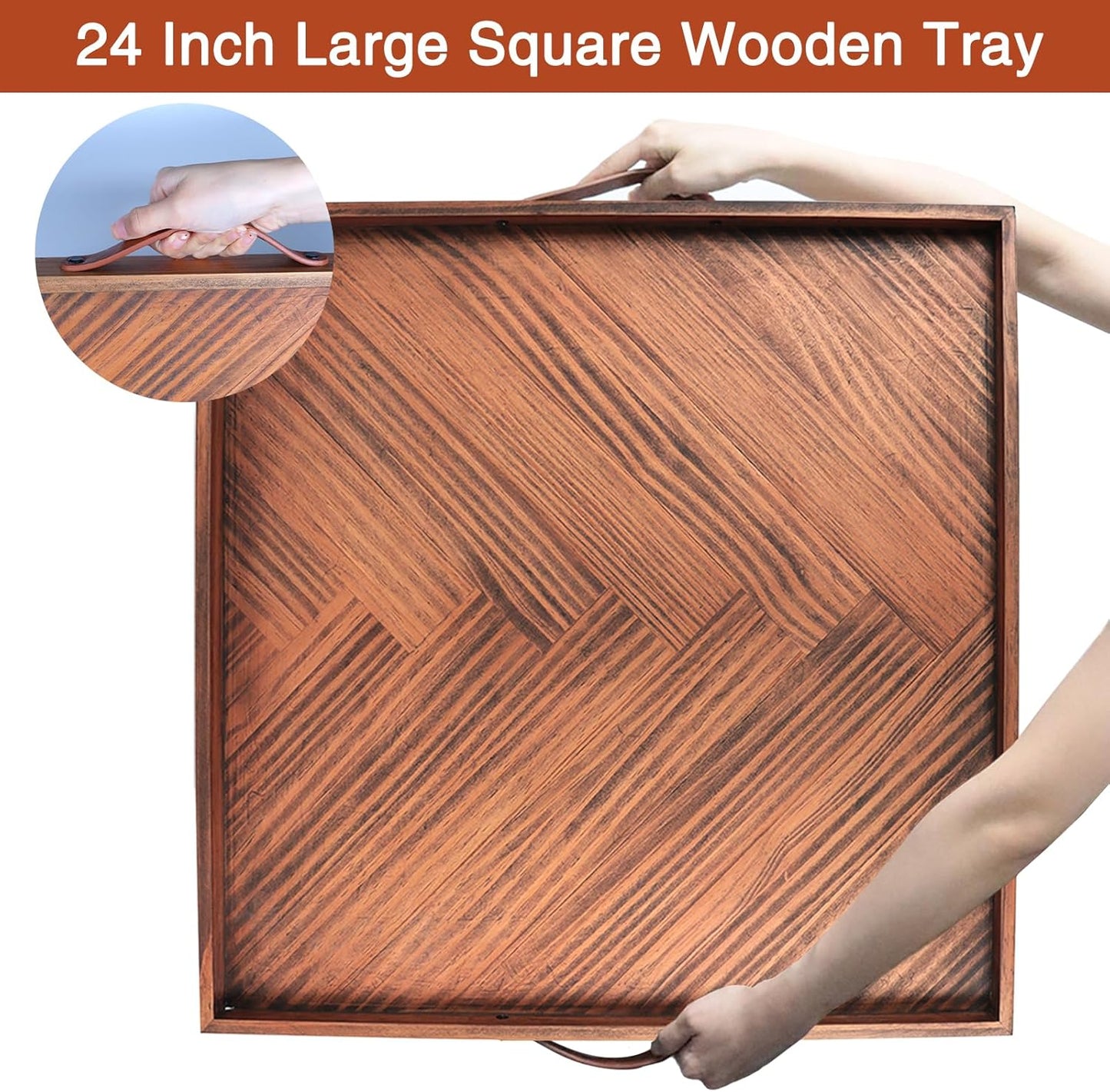SXNOWS Large Ottoman Wood Trays, Wooden Serving Tray with Handles, Large Ottoman Tray, Square Wooden Serving Tray for Coffee Table, Living Room and Kitchen, 24 x 24 inch