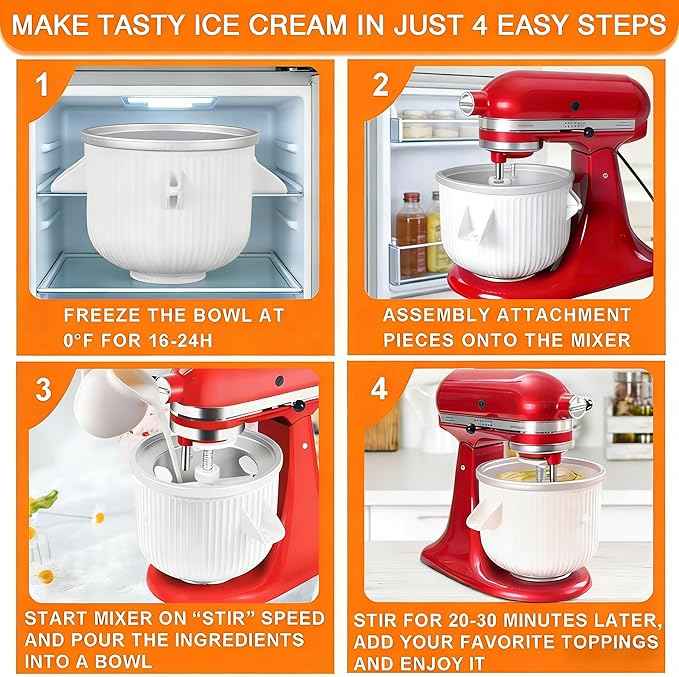 Ice Cream Maker Attachment for KitchenAid, Ice Cream Bowl Fits KitchenAid 4.5/5QT & 6QT Mixers, Frozen Ice Cream & Sorbet Gelato Maker, 2 Quart, White
