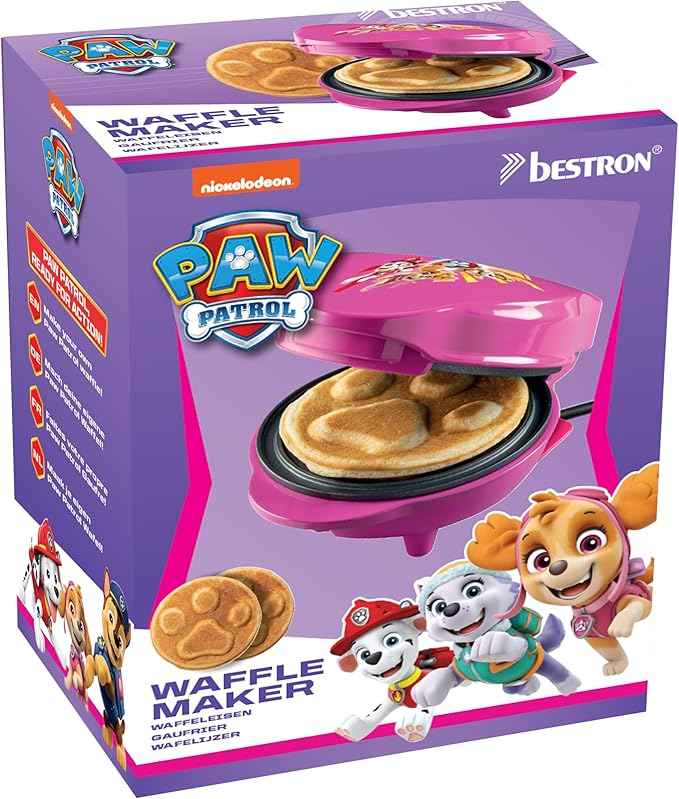 Bestron Paw Patrol waffle maker, mini waffle iron with unique Paw Patrol design, ideal for children's birthdays, Easter and Christmas, with cooking indicator, Ø10 cm, official license, color: Pink