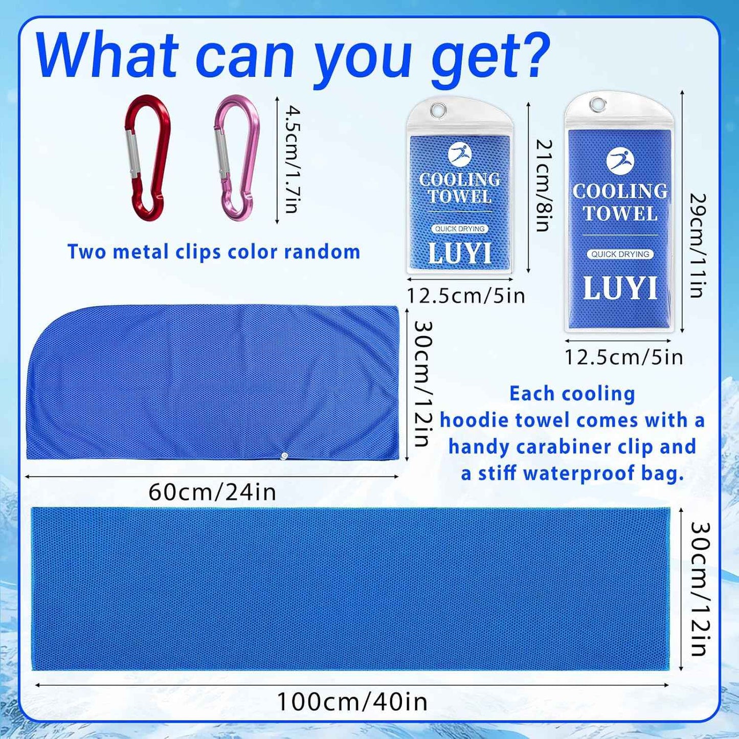 2 Pack Cooling Hoodie Towels Set, Cooling Towels for Neck and Face, Microfiber Soft Breathable Cooling Towel Bulk for Hot Weather, Gym, Sports, Yoga, Workout, Running, Golf, Camping, Hiking（Blue）