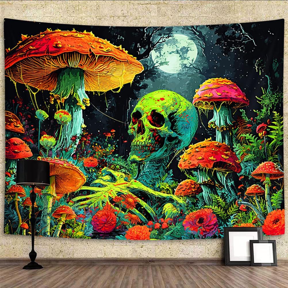 Xiaoput Blacklight Skull, Black Light Skeleton, UV Reactive Neon Gothic Tapestry for Bedroom, Glow in Dark Trippy Forest Wall Hanging, 40X30IN