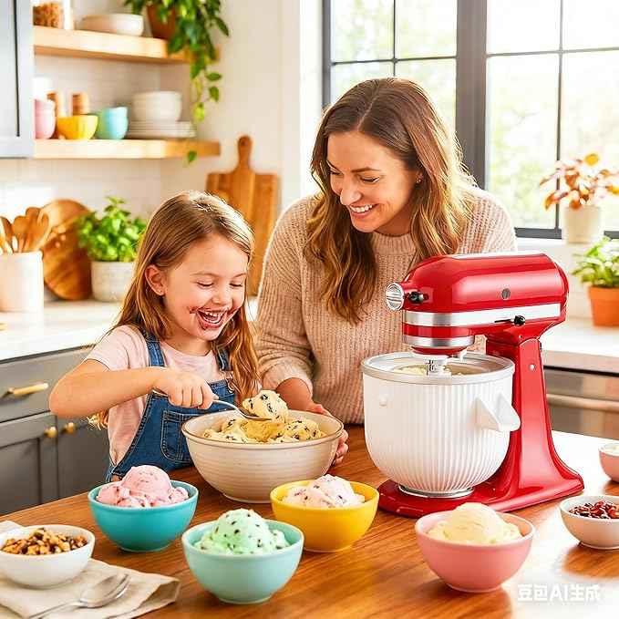 Ice Cream Maker Attachment for KitchenAid, Ice Cream Bowl Fits KitchenAid 4.5/5QT & 6QT Mixers, Frozen Ice Cream & Sorbet Gelato Maker, 2 Quart, White