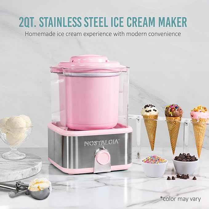 Nostalgia Electric Ice Cream Maker with 2-Qt Double Insulated Gel Canister & Stainless Steel Base - Makes Sorbet, Soft Serve, and Frozen Yogurt - Pink