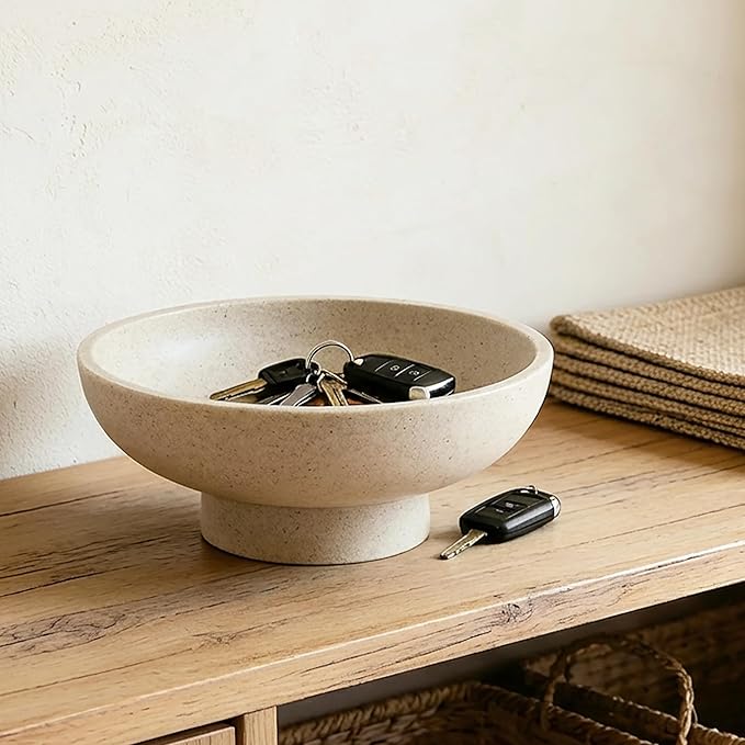 Catch All Decorative Fruit Bowl with Pedestal —Key, Purse & Trinket Holder | Entryway Table, Kitchen Counter, Coffee Console Decor | Modern Minimalist Artificial Stone Beige