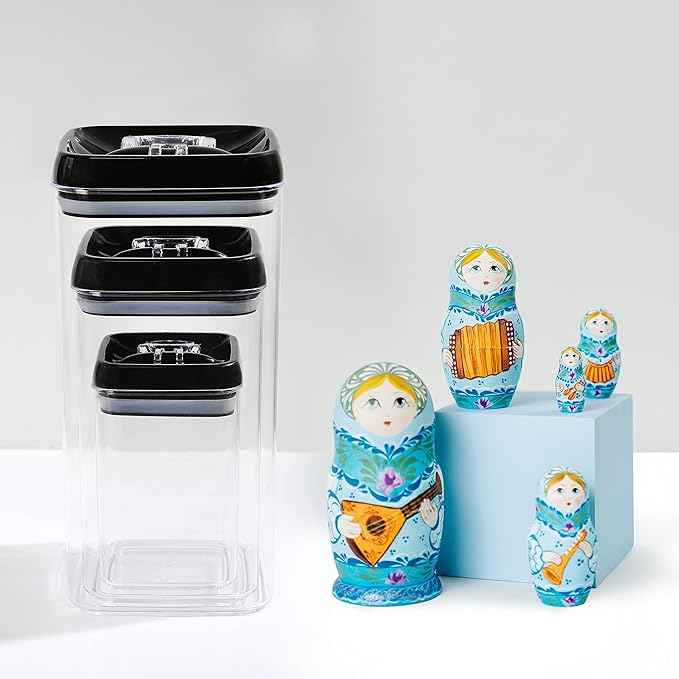 Felli Flip Tite Acrylic Food Storage Container with Lid 6” XL Air Tight Ring Seal Flip Lock, Plastic Kitchen Baking Canister for 5 lb Flour Sugar Rice Protein Powder Pantry Organizer (Nest-L Black)