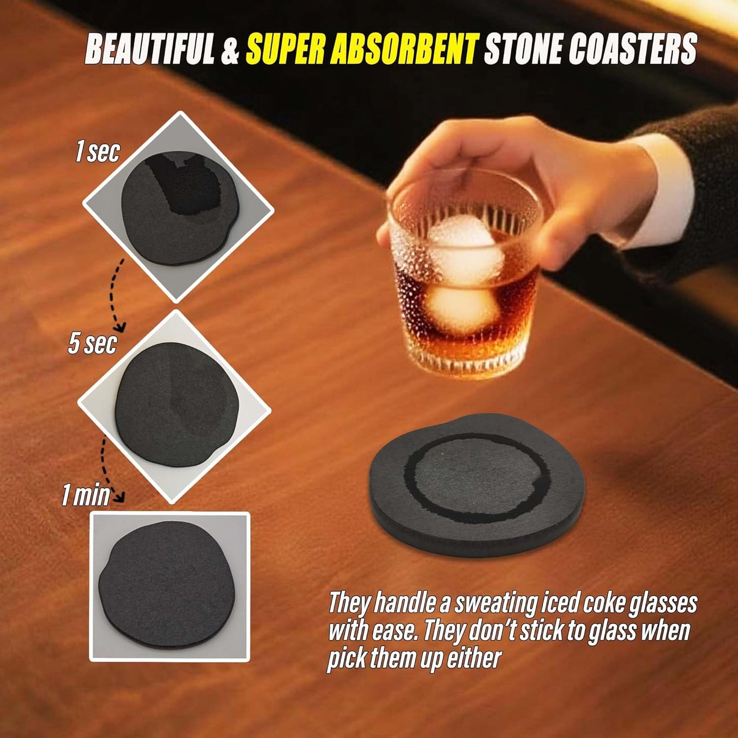 Diatomite Coasters Set of 6 | Absorbent Coasters for Drinks Cute Modern Unique Aesthetic Stone Coaster for Desks Coffee Table, Instant Drying, with 24 Scratch Protection Pads, Dark Grey