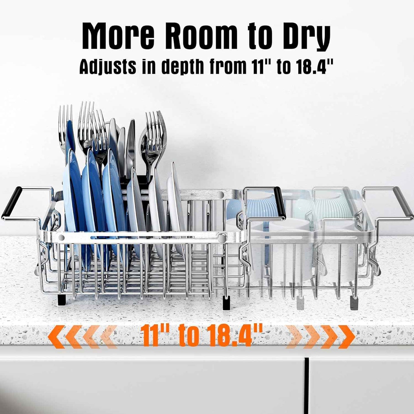 Expandable Dish Drying Rack in Sink,Stainless Steel Over The Sink Dish Drainer Drying Rack for Kitchen Counter,with Utensil Holder,Silver