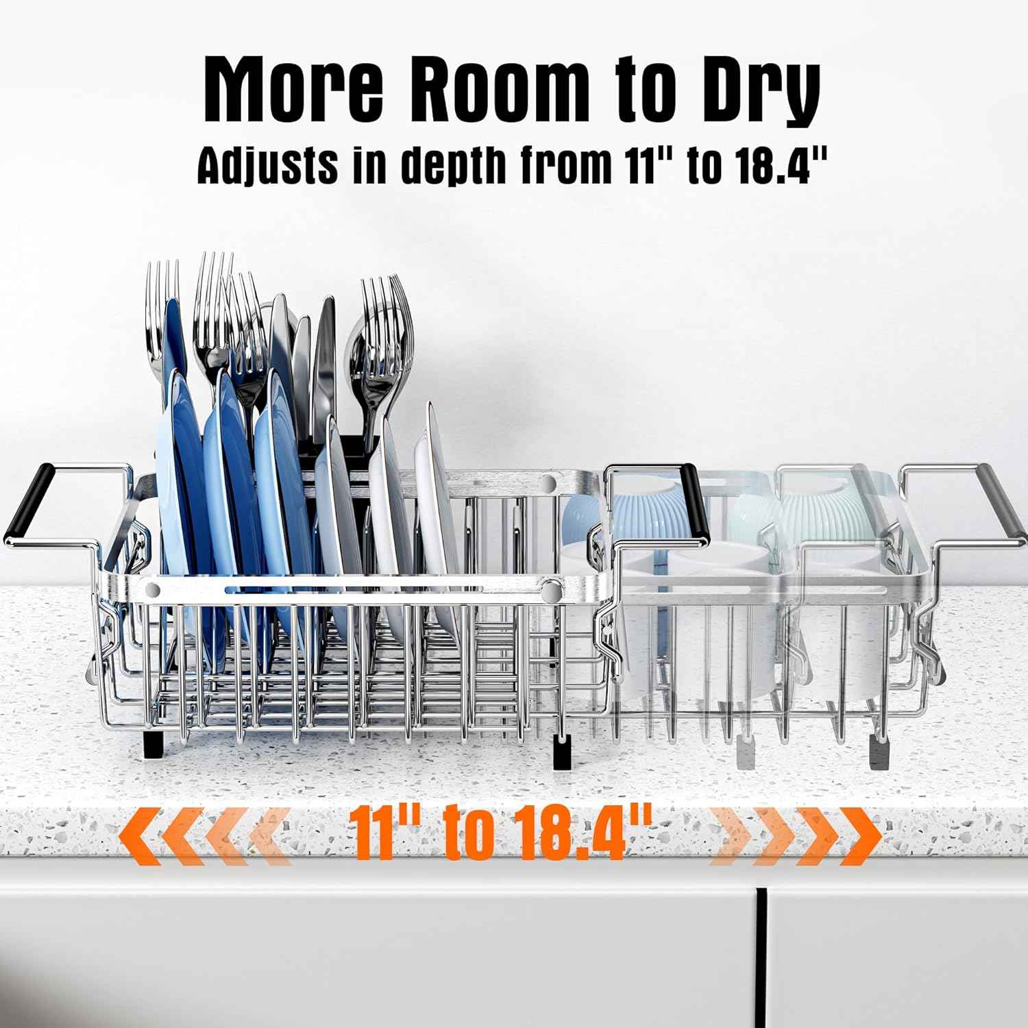 Expandable Dish Drying Rack in Sink,Stainless Steel Over The Sink Dish Drainer Drying Rack for Kitchen Counter,with Utensil Holder,Silver