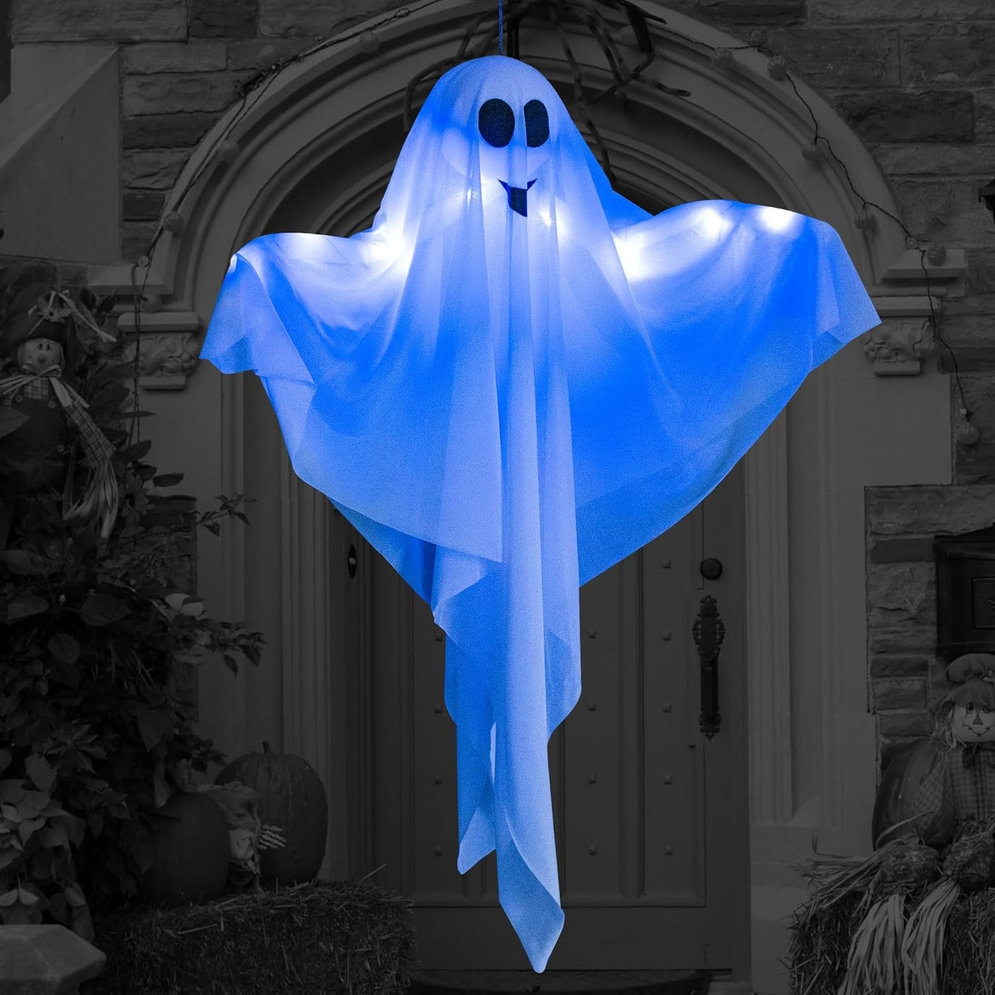 4 Pack Halloween Hanging Ghost Decorations, 27.5" Light Up Spooky Floating Ghosts with LED Glow, Waterproof Outdoor & Indoor Haunted House, Porch, Yard, Garden Party Decor