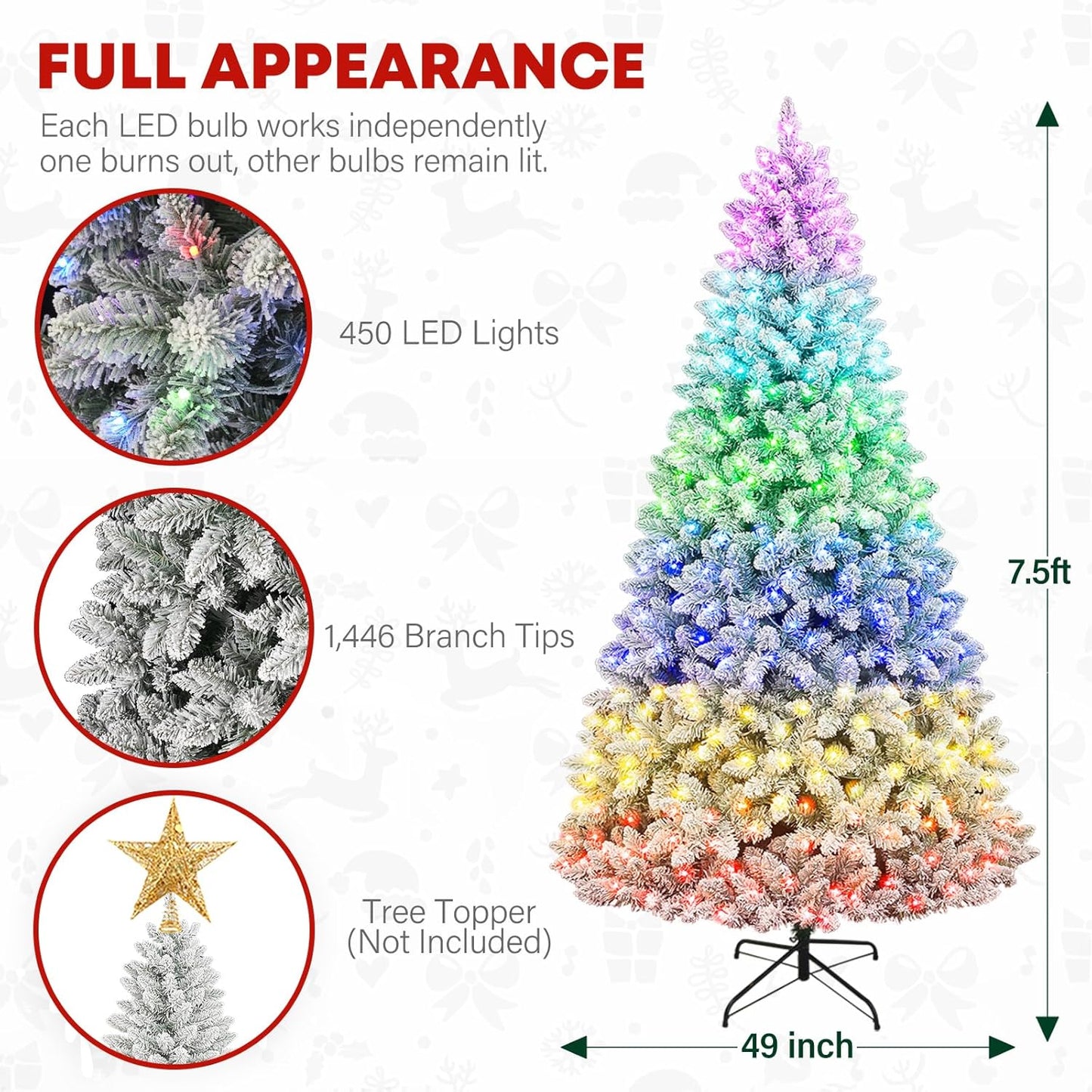 7.5ft Lighted Snow Flocked Christmas Tree with Remote Control, 450 Multi-Color RGB Lights, 1446 PVC Branch Tips, 15 Mode Artificial Hinged Christmas Tree for Home