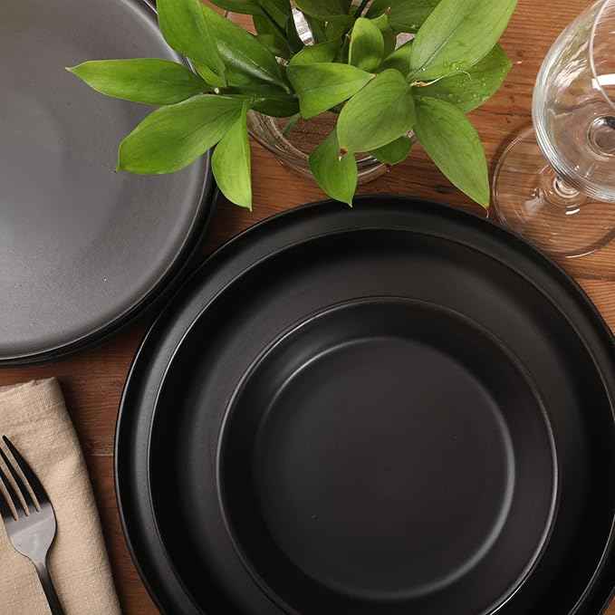 Gibson Elite Bayou Moon Plates and Bowls Sets, 16-Piece Black Matte Stoneware Dinnerware Sets, Solid Color Reactive Glaze Dish Set