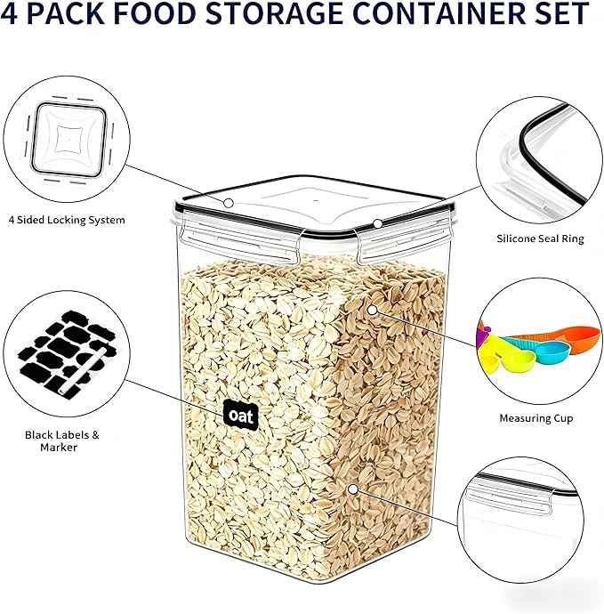 4 Pieces 6.5L / 220 oz Large Food Storage Containers, BPA Free Plastic Airtight Canisters for Flour, Sugar, Baking Supplies, Rice with Lids, Measuring Cups and Labels, Black