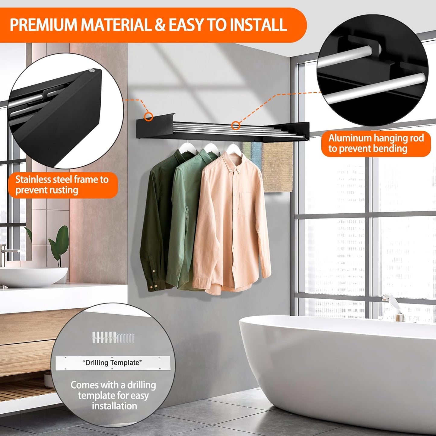 FOCHIER F Laundry Drying Rack Wall Mounted Clothes Drying Rack Collapsible with 5 Aluminum Rods and Drilling Template Long Screwdriver Bit 60 lbs Capacity (Black, 40")