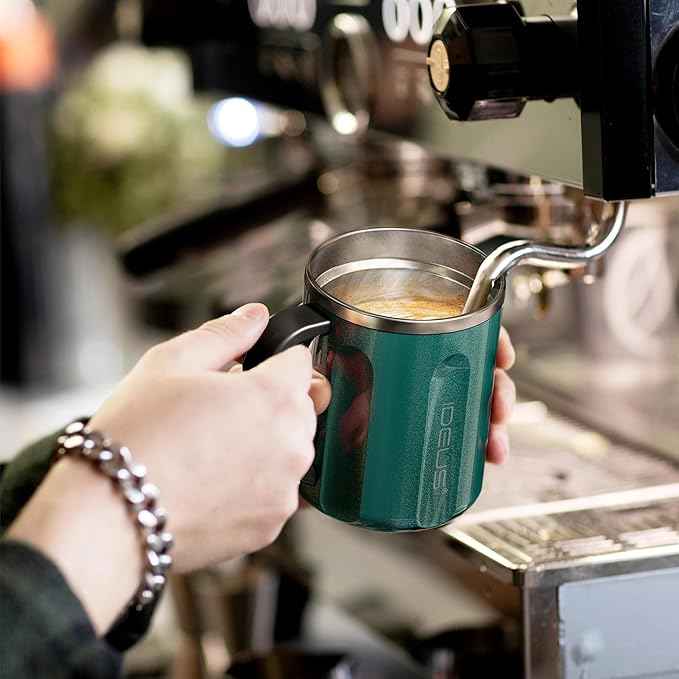 Ideus 16 oz Coffee Cup, Stainless Steel Coffee Travel Mug, Spill Proof Tea Mug with Handle and Lid, Lightweight and Durable, Great for Office Home and Outdoor Use, Deep Green-FUJI FLOW