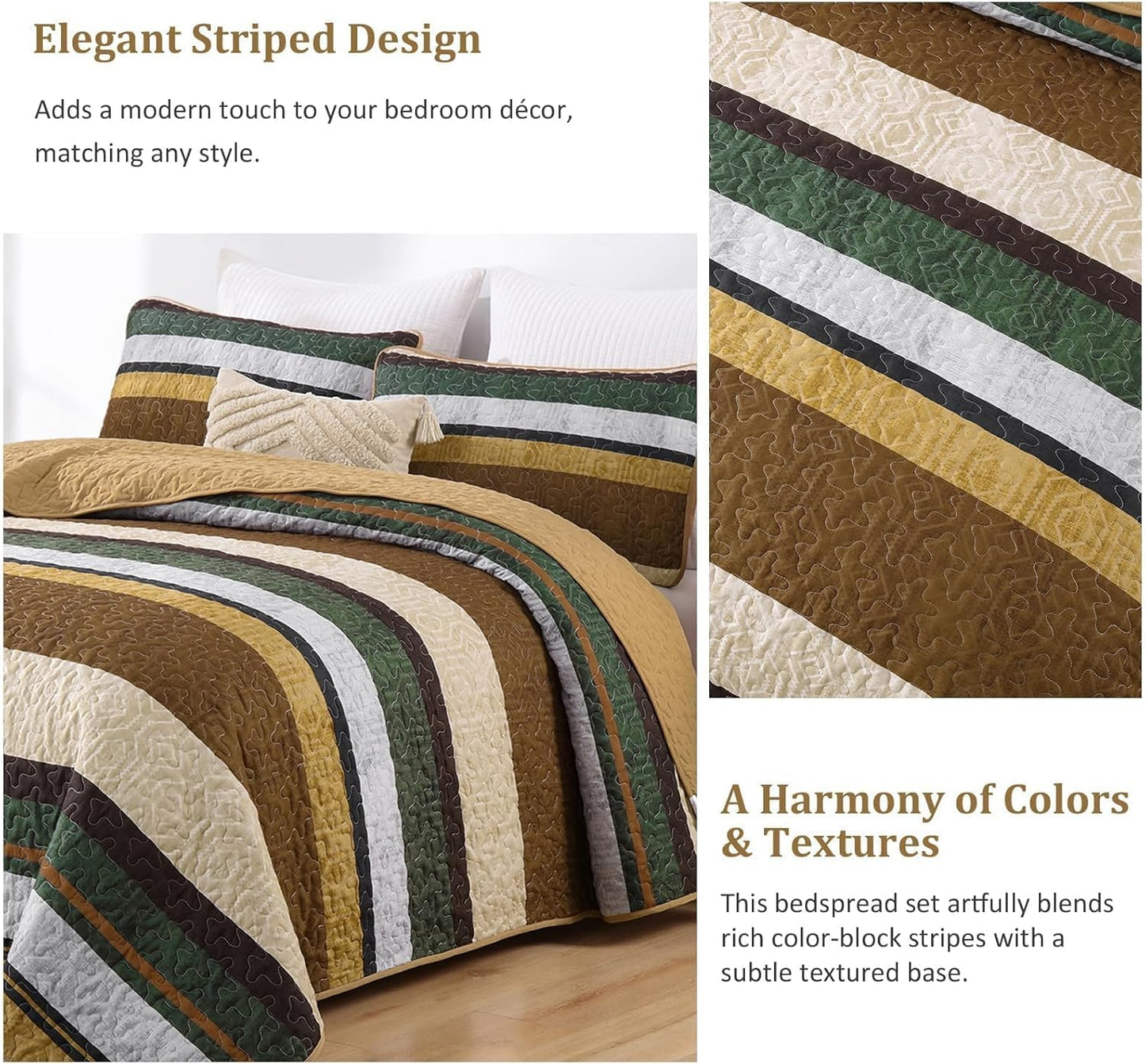 Dobuyly Brown Quilt King Size Set, Boho Fall Bedspread, Striped Bedding Sets 3 Pieces, Lightweight Soft Coverlet Bed Sets with 2 Pillow Shams 110"x90"