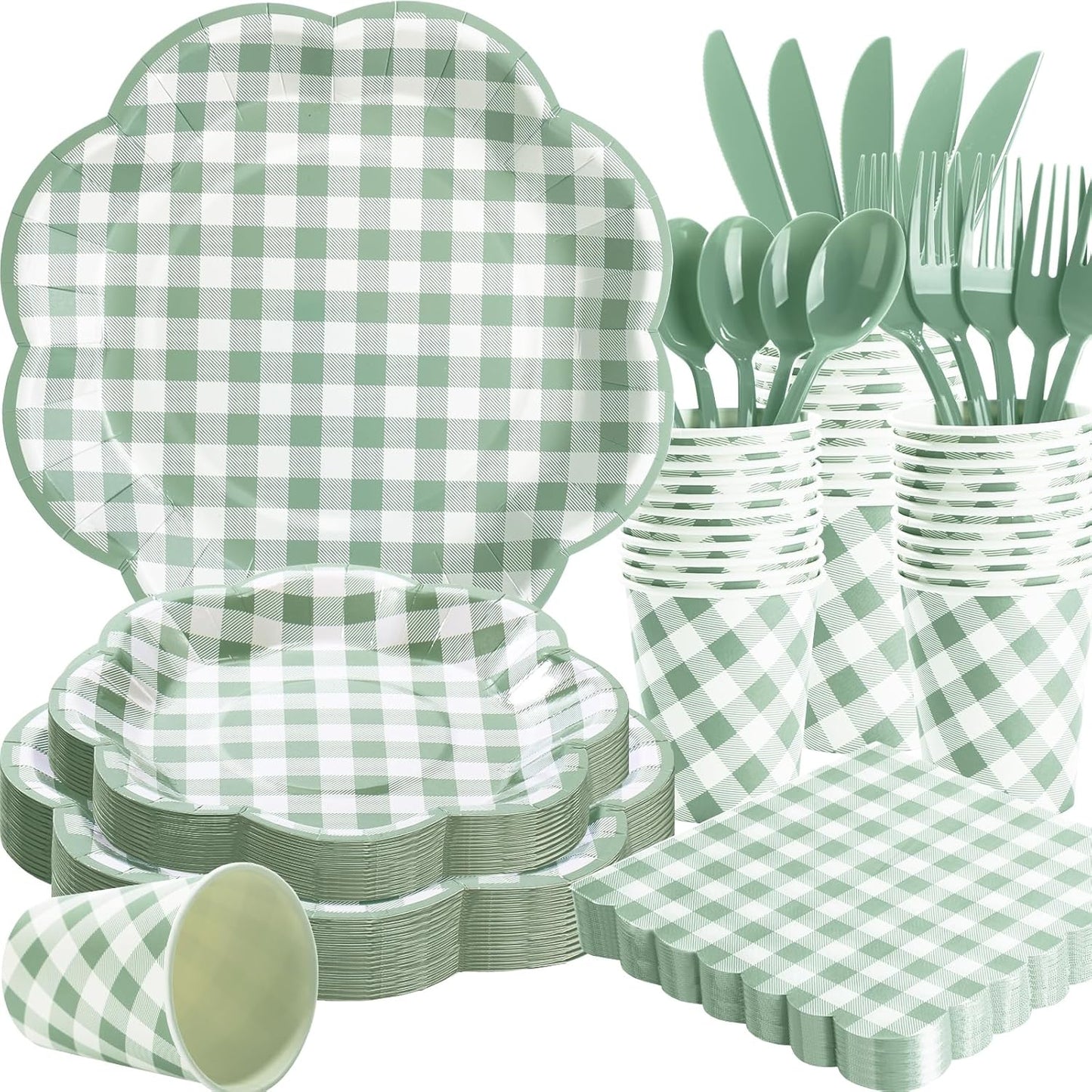 350 Pcs Sage Green Gingham Paper Plates and Napkins Party Supplies - Sage Green and White Checkered Plates Scalloped Plaid Plate for Birthday Dinner Picnic BBQ Party Decorations, Serve 50 Guests