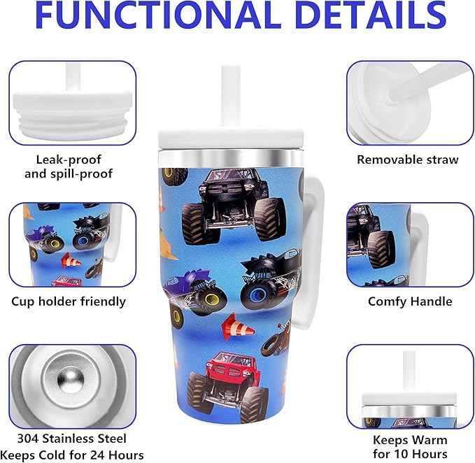 2PCS 20-OZ Insulated Water Bottle,Insulated Stainless Steel Tumbler,Reusable Cold Drink Thermos,BPA-Free, Double-Wall Stainless Steel Water Bottle (Light blue-Monster trucks, 20, Fluid Ounces)