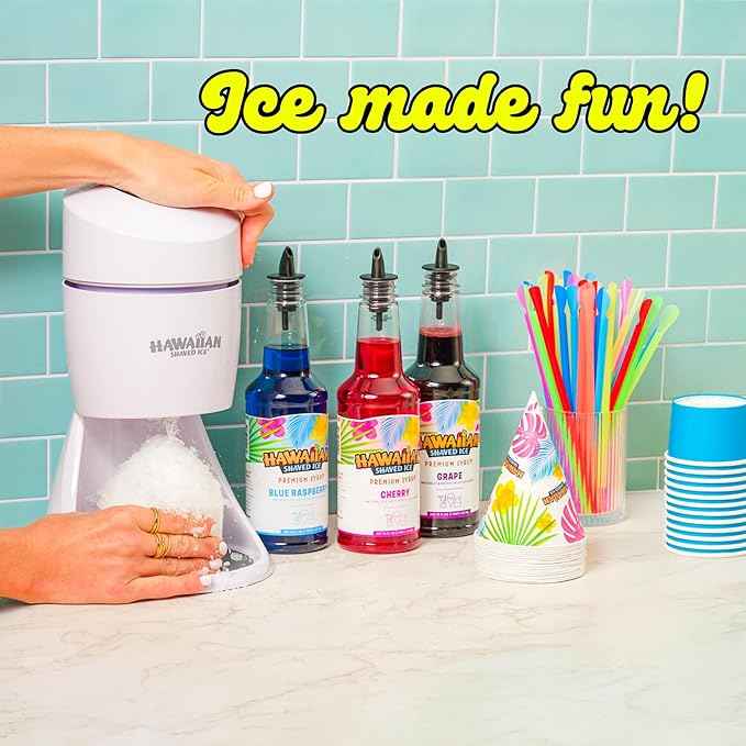 Hawaiian Shaved Ice Machine Kit - 3 Flavors, 25 Cups, Straws, Pourers, Ice Molds