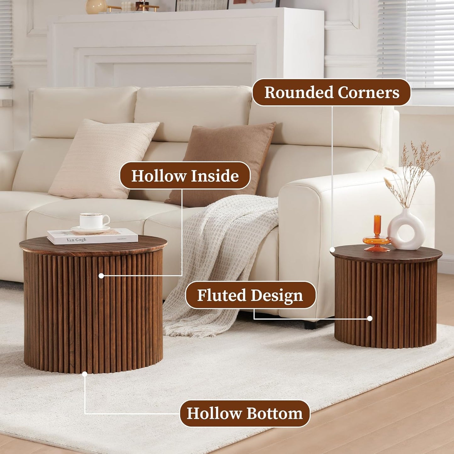 Small Fluted Round Nesting Coffee Table Set of 2, Mid Century Modern Coffee Table Circle Side Table, Wood Nesting Table Farmhouse End Tables Set for Living Room, Bedroom, Small Spaces(Walnut