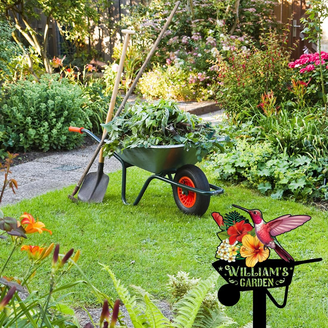 Personalized Hummingbird Bird Flowers Garden Sign Metal Garden Markers Stake Loss of Colorful Flowers Bird Garden Decor Sign Outdoor Plaque Memory Yard Art Stake Customized Garden Sign with Stakes