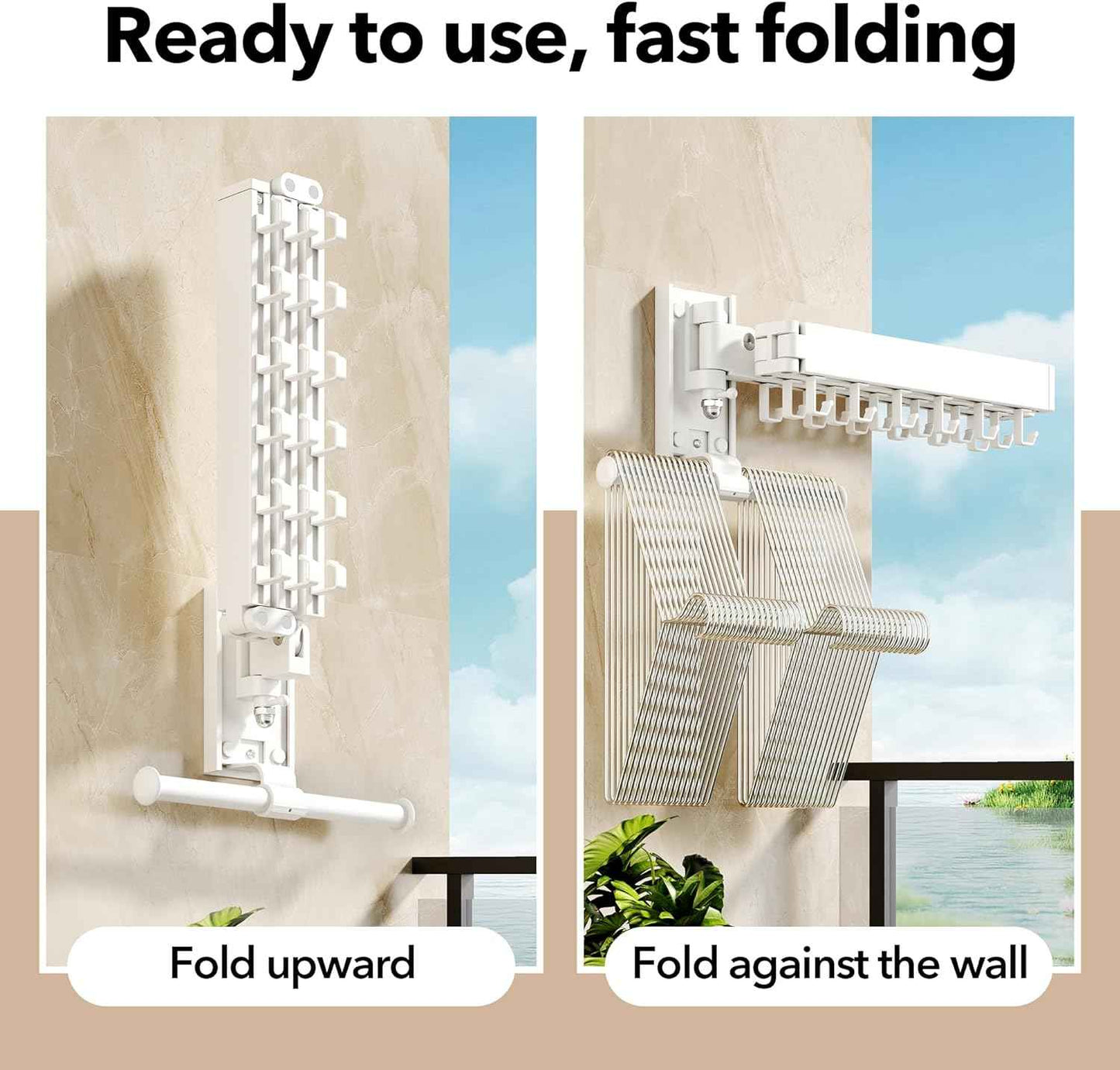 HEILAIYI Wall Mounted Clothes Hanger,Clothes Drying Rack,Laundry Drying Rack,Clothes Rack Wall Mount,Drying Rack Clothing,Retractable,Collapsible,can Fold Upward & Left & Right (Upgrade-White)