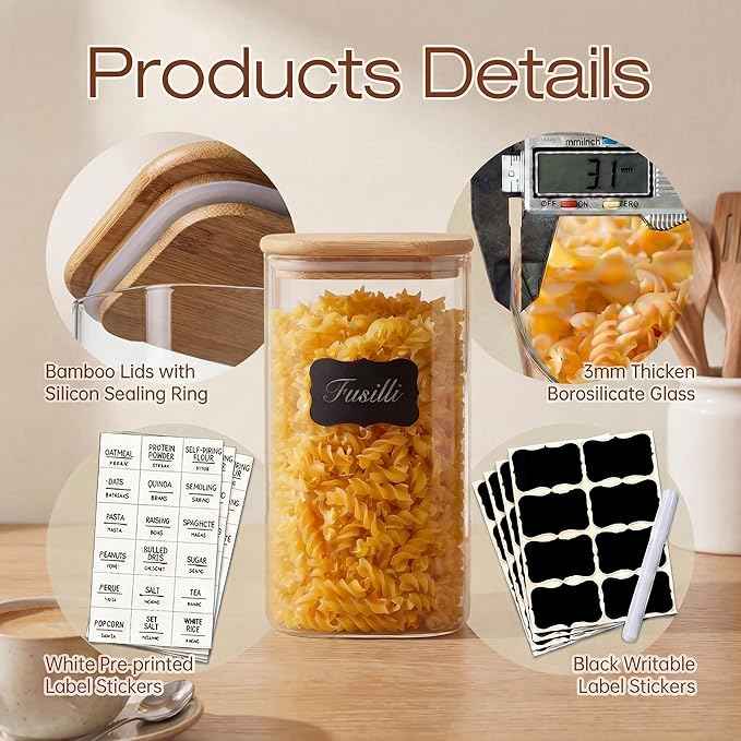 HomArtist Square Glass Jars with Bamboo Lids 79 FL OZ [Set of 3], Glass Canisters with Airtight Lid, Glass Food Storage Containers for Spaghetti, Fettuccine, Linguine,Pasta, Best for Kitchen & Pantry