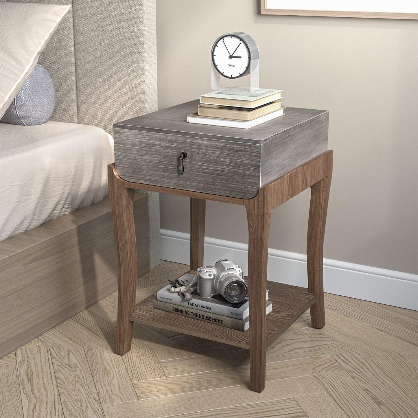 COSIEST Set of 2 Rustic Nightstand, 2-Tier Farmhouse Bedside Table, Wood Accent End Table with Storage Drawer and Open Display Shelf for Bedroom Nursery Living Room (Walnut & Silver)