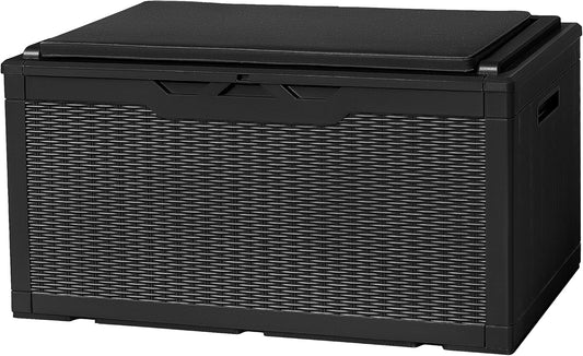 Flamaker Deck Box with Cushion 100 Gallon Waterproof Resin Storage Box with Air Rod Indoor Outdoor Lockable Storage Bench for Patio Furniture, Tools, Pool Accessories (Black)