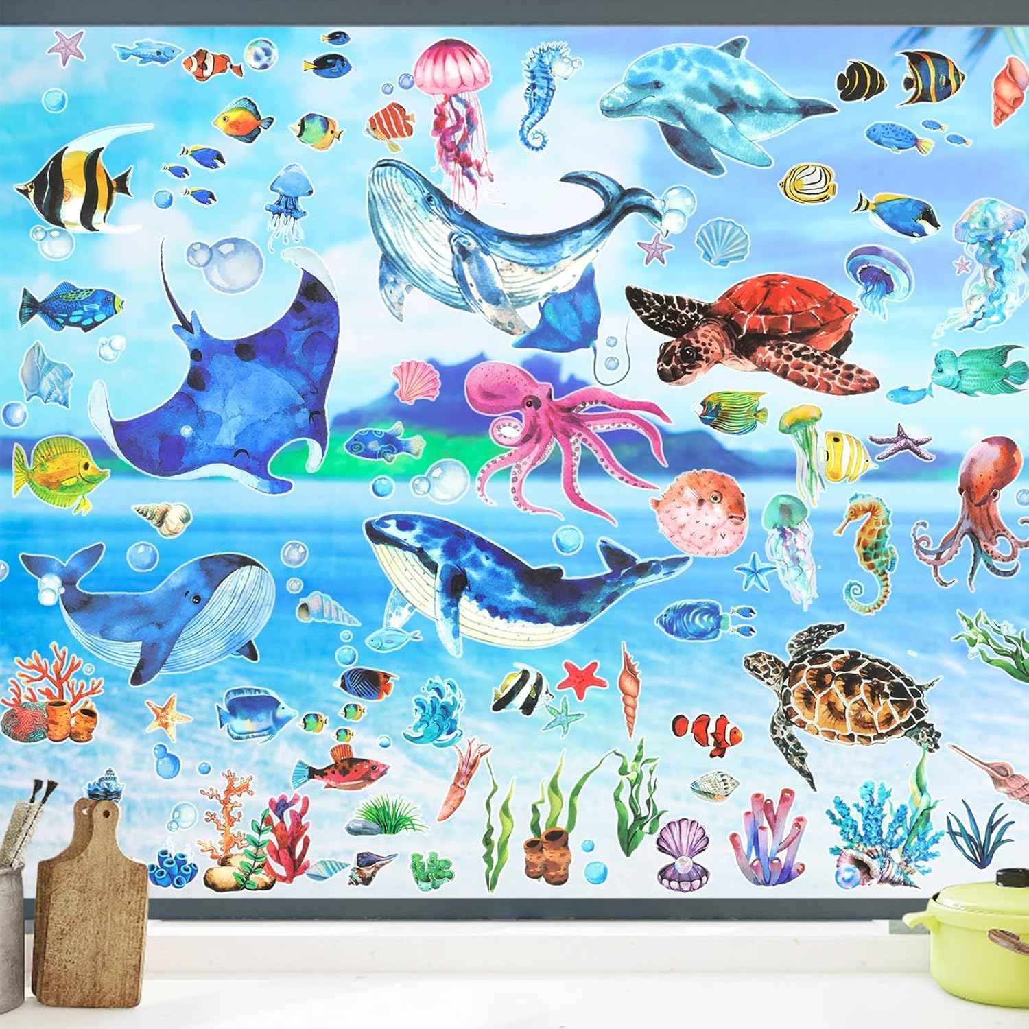 HOWAF 8 Sheets Ocean Animal Window Clings for Under The Sea Party Window Decorations, Sea Life Window Decals for Summer Party Home Decor, Under The Sea Animal Window Stickers