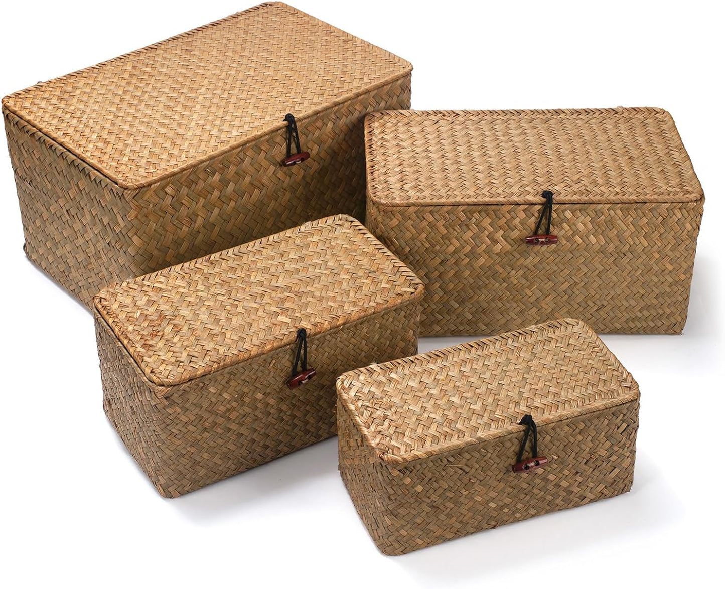 Wicker Basket with Lid, Seagrass Storage Basket, Woven Baskets for Storage, Decorative Storage Baskets for Shelf Organizing, Natural