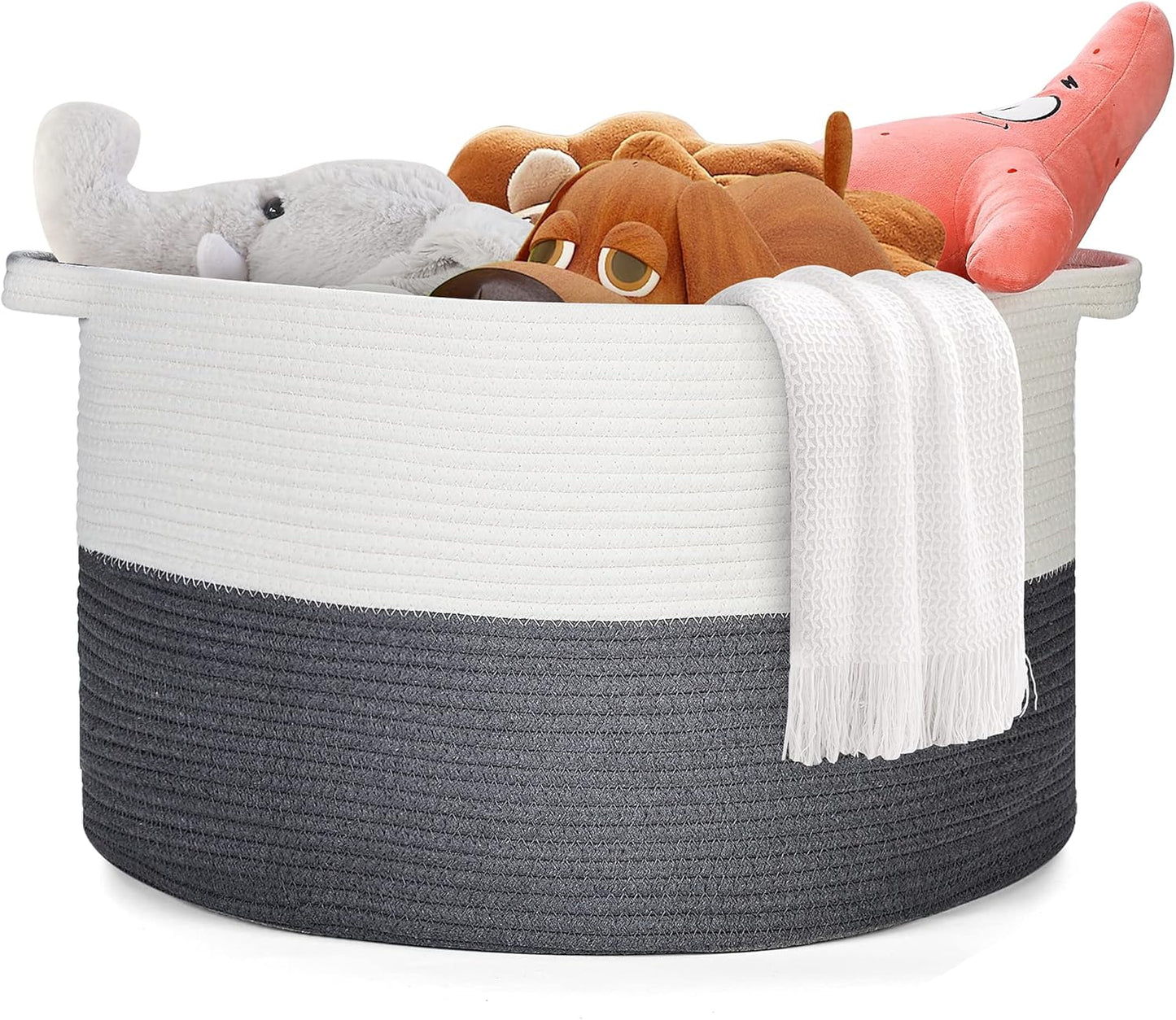 Ravinte Blanket Basket - 20"x 20"x 13" Cotton Rope Basket for Living Room, Baby Toy Storage Basket, Large Woven Laundry Basket (White-DarkGray)