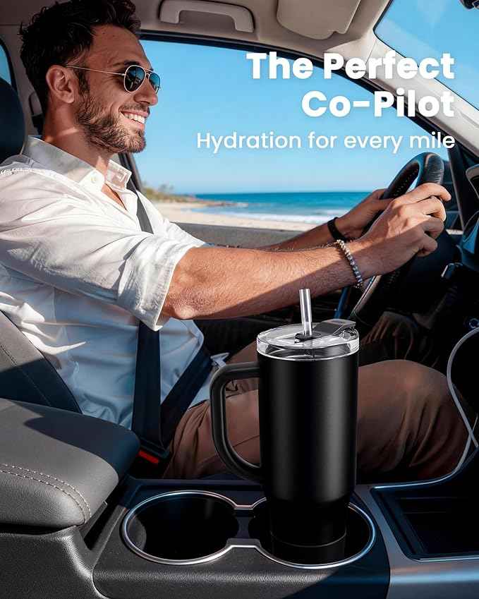 Renoj Insulated Mug 100% Leak Proof Insulated Water Bottle for Iced Coffee & Hot Drinks - Fits Car Cup Holder, Ideal Gift, 2 Straws & Silicone Boot - SnapShift Black 40 oz