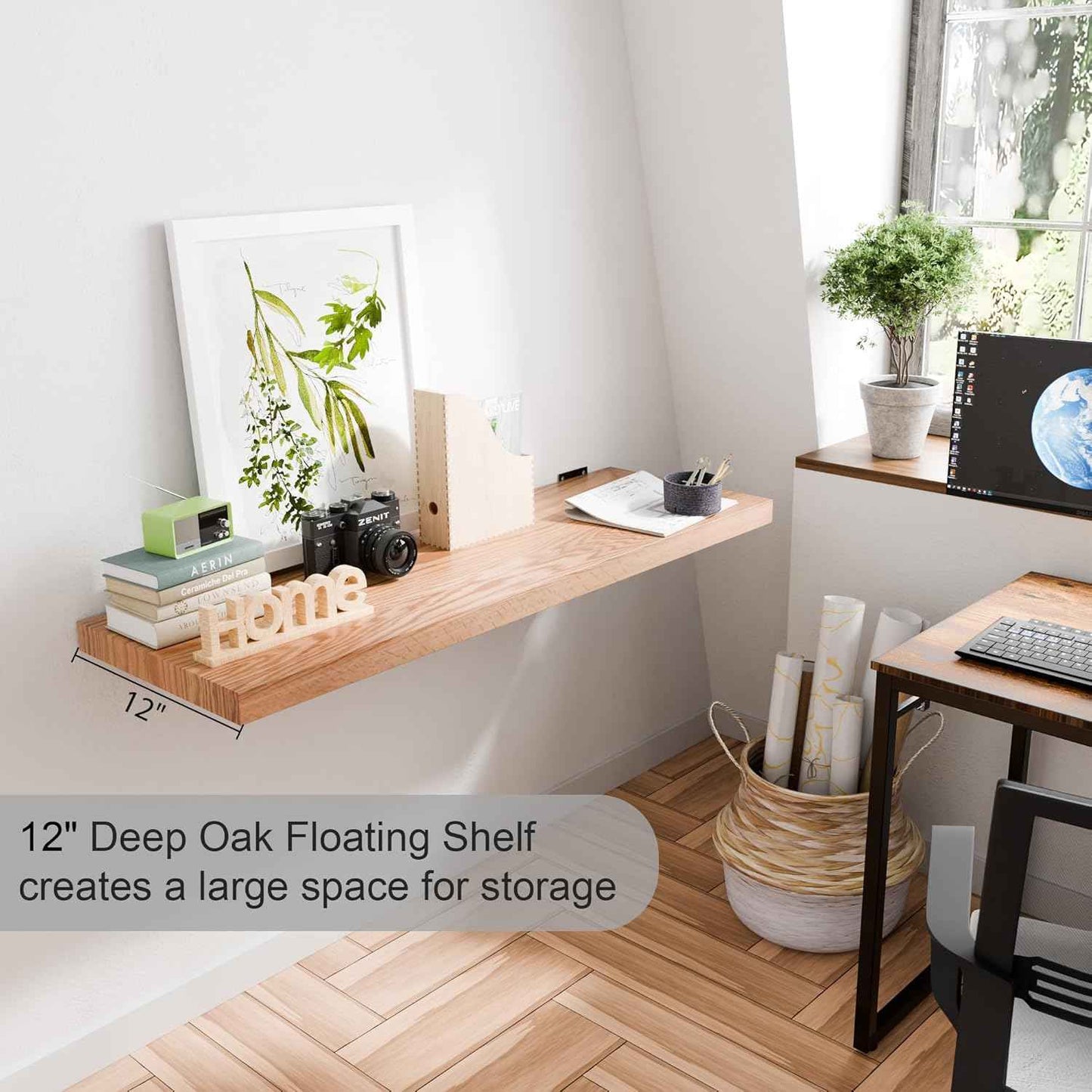 36 Inch Solid Oak Floating Shelves - Natural Wood 12 Inch Deep Wall Shelf, Rustic Display Shelf, Hanging Wall Shelf Decoration for Bedroom, Bathroom, Living Room