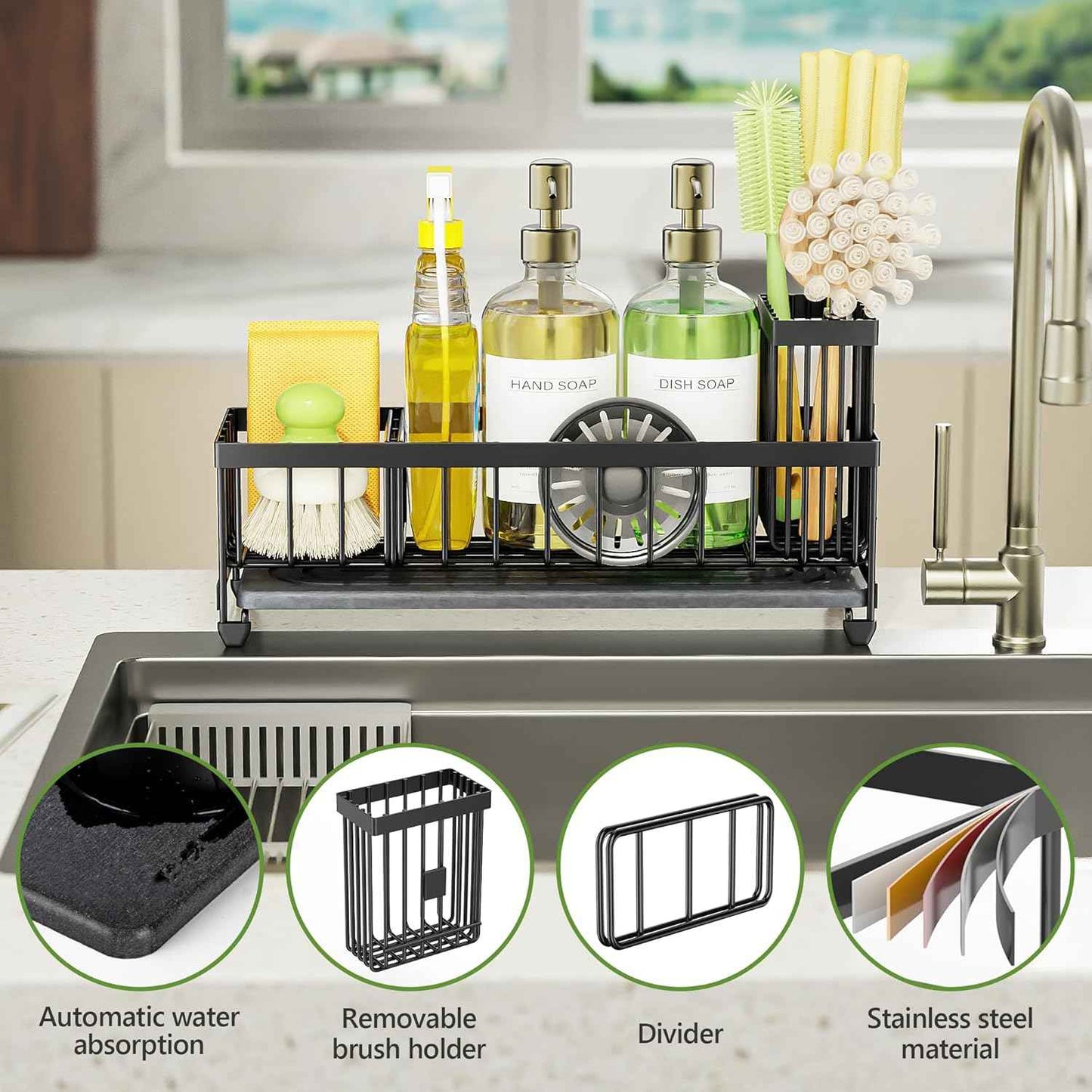 Cisily Extra Large Sink Caddy Organizer with Drying Stone, Black Sponge Holder for Kitchen, Dish Brush Holder for Countertop, Kitchen Decor Storage and Essentials