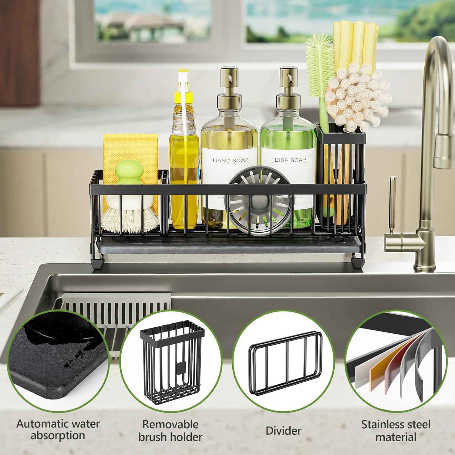 Cisily Extra Large Sink Caddy Organizer with Drying Stone, Black Sponge Holder for Kitchen, Dish Brush Holder for Countertop, Kitchen Decor Storage and Essentials