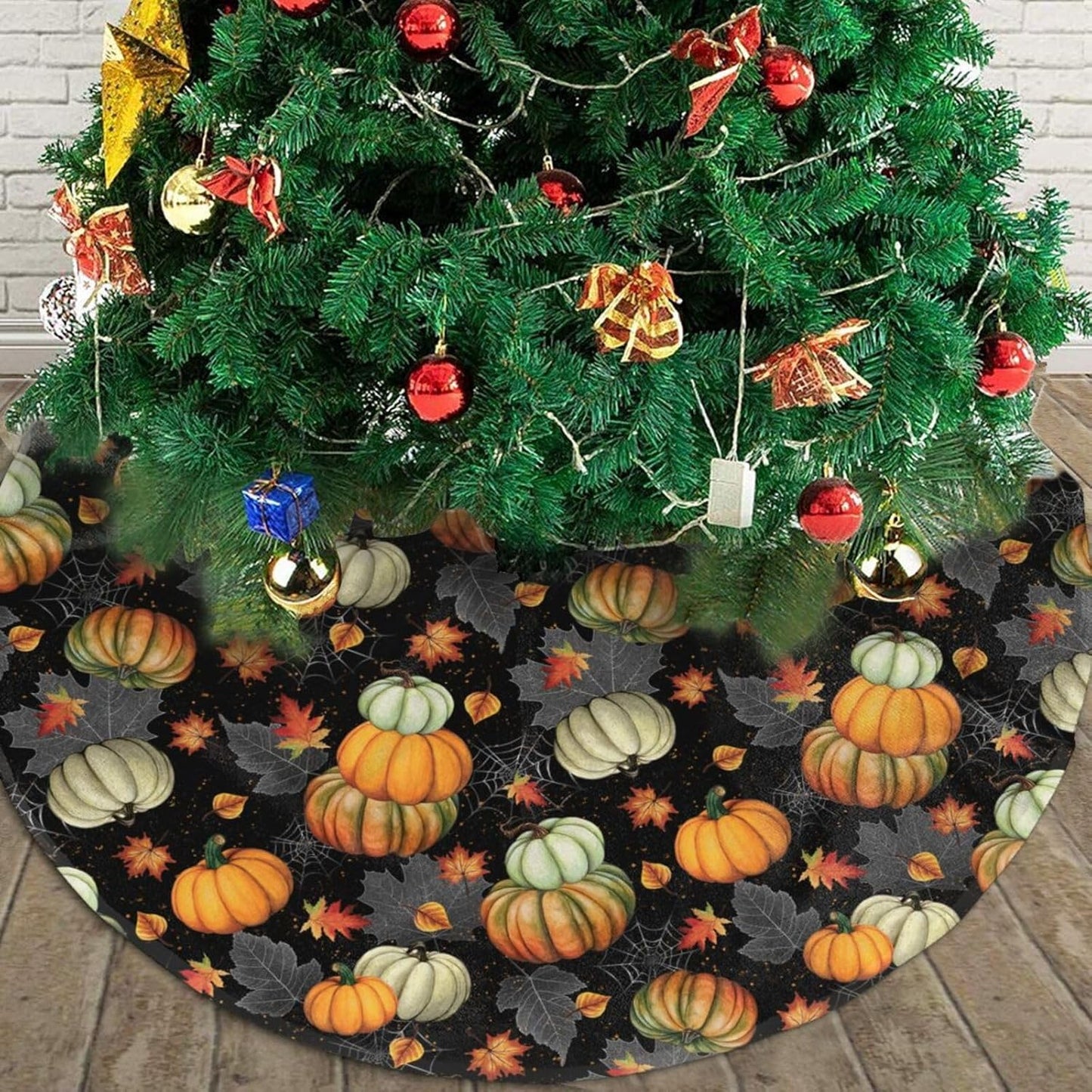 Thanksgiving Fall Tree Skirt Maple Leaf Pumpkin Spider Web Christmas Tree Skirt Xmas Tree Mat Halloween Christmas Tree Ornaments Decorations Holiday Party Indoor Outdoor 30"