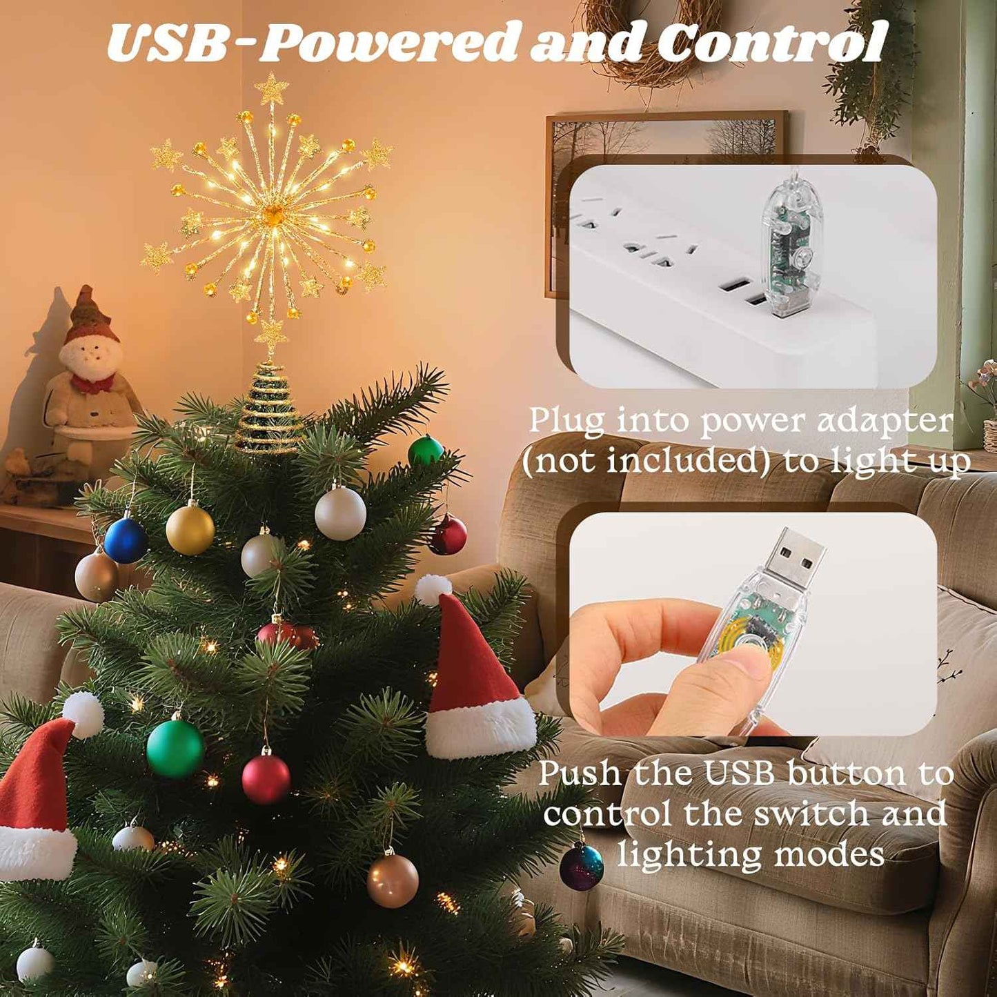 Lewondr Christmas Tree Topper, 13'' Metal Twinkly Xmas Starburst Tree Topper with 20 LED Bulbs, USB Powered Lighted Star Treetop for Christmas Ornaments, Remote Control, 6H Timer, 8 Light Modes, Gold