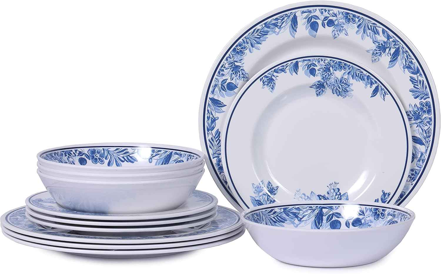 Melamine Dinnerware Sets-12pcs Floral Dinnerware Set Service for 4, Blue White Plates and Bowls Sets, Dishwasher Safe, Break-resistant, Outdoor Camping Picnics Use, Reusable, Traditional Flower
