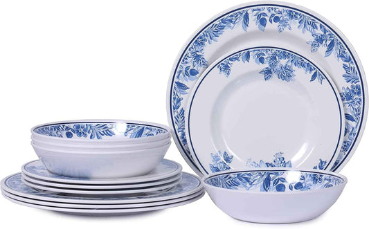Melamine Dinnerware Sets-12pcs Floral Dinnerware Set Service for 4, Blue White Plates and Bowls Sets, Dishwasher Safe, Break-resistant, Outdoor Camping Picnics Use, Reusable, Traditional Flower