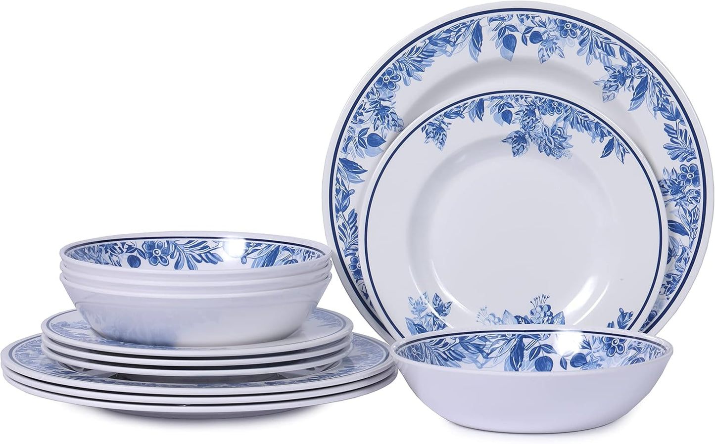 Melamine Dinnerware Sets-12pcs Floral Dinnerware Set Service for 4, Blue White Plates and Bowls Sets, Dishwasher Safe, Break-resistant, Outdoor Camping Picnics Use, Reusable, Traditional Flower