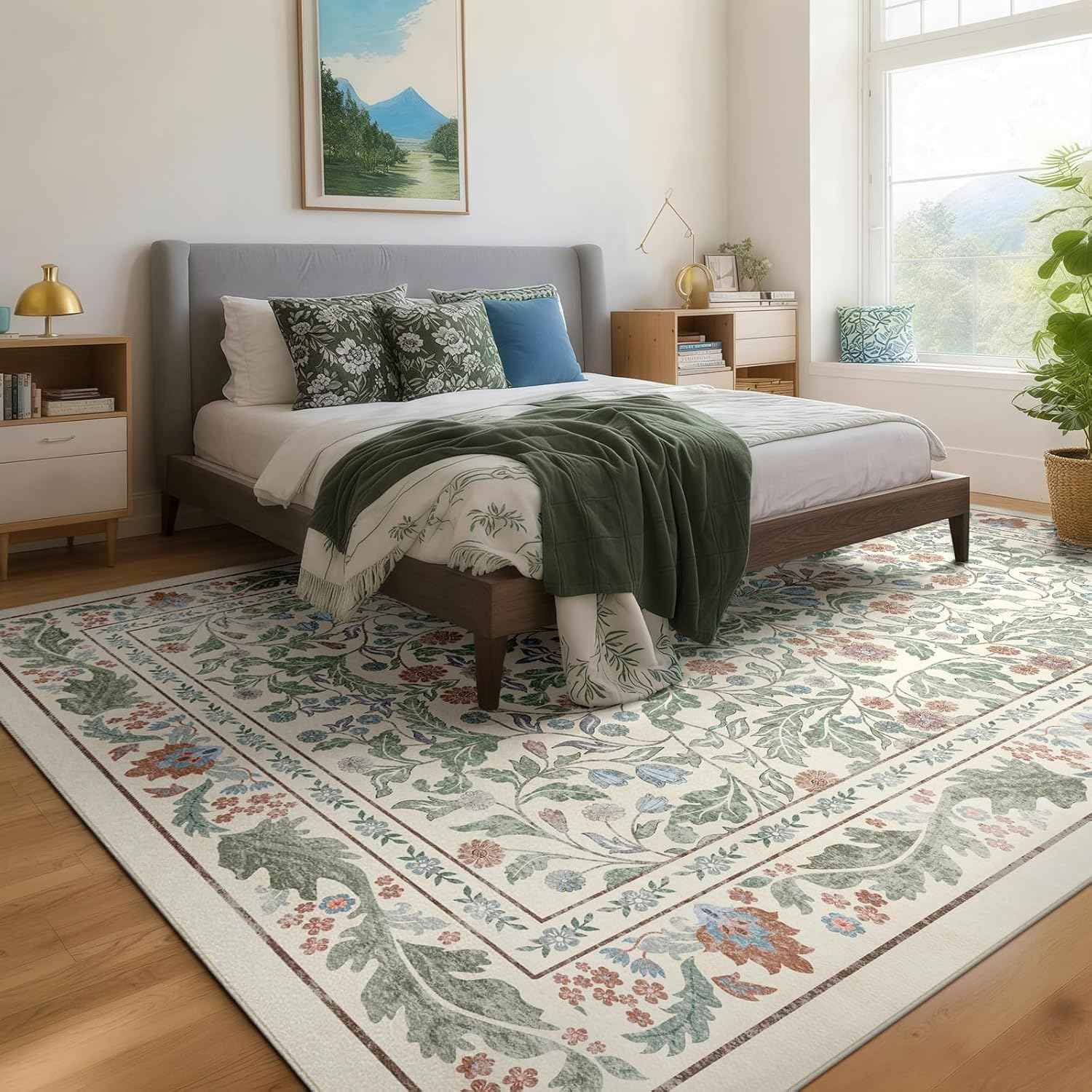 Floral 5x7 Area Rugs for Living Room, Machine Washable Vintage Rug Boho Low Pile Carpets Non Slip Soft Carpet for Farmhouse Bedroom Office Rugs, Kids Room, Nursery Room, Playroom, Beige