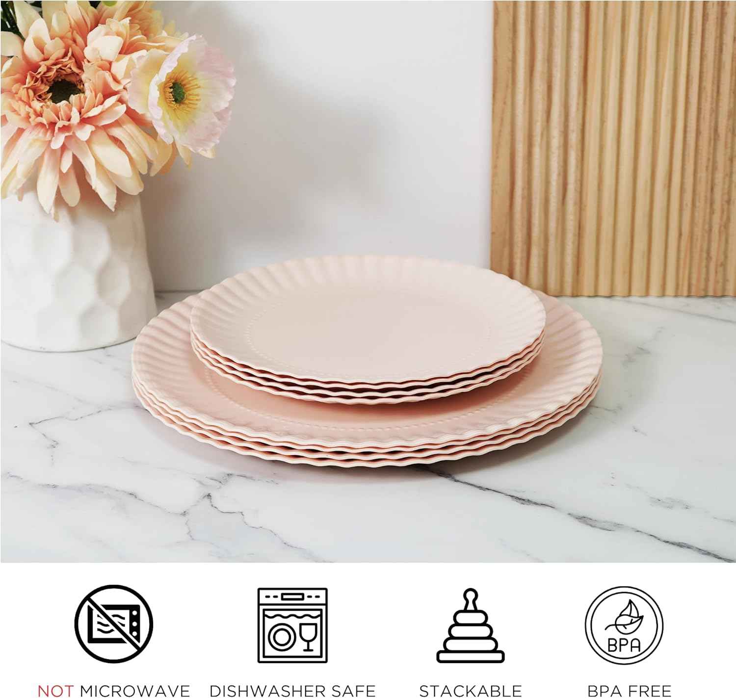 TP Reusable Melamine Paper Plates, 8" and 10.5" Round Plates for Party Picnic Outdoors, Set of 4, Light Pink