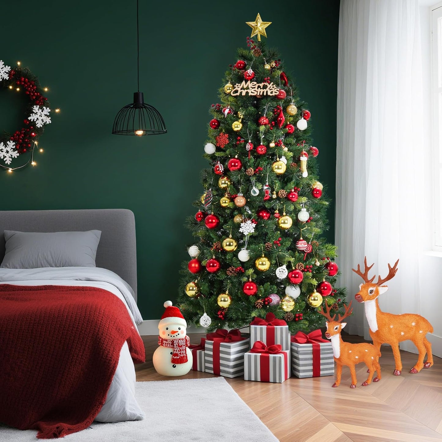 6 Ft Pre-lit Artificial Christmas Tree,Spruce Prelit Christmas Trees for Home,Office,Party Thickened PE&PVC Branch Tips & UL Listed Lights Incandescent Warm White,Fire-Resistant Automatic Branches