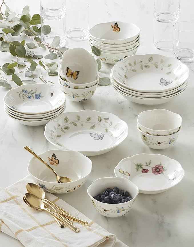 Lenox Dinnerware Set, Butterfly Meadow 24-Piece Bowls Set, Service For 6, Elegant Porcelain Dinnerware, Microwave And Dishwasher Safe, Dish Set, Plates & Dishes, Ramen Bowl (Assorted, 24 Piece)
