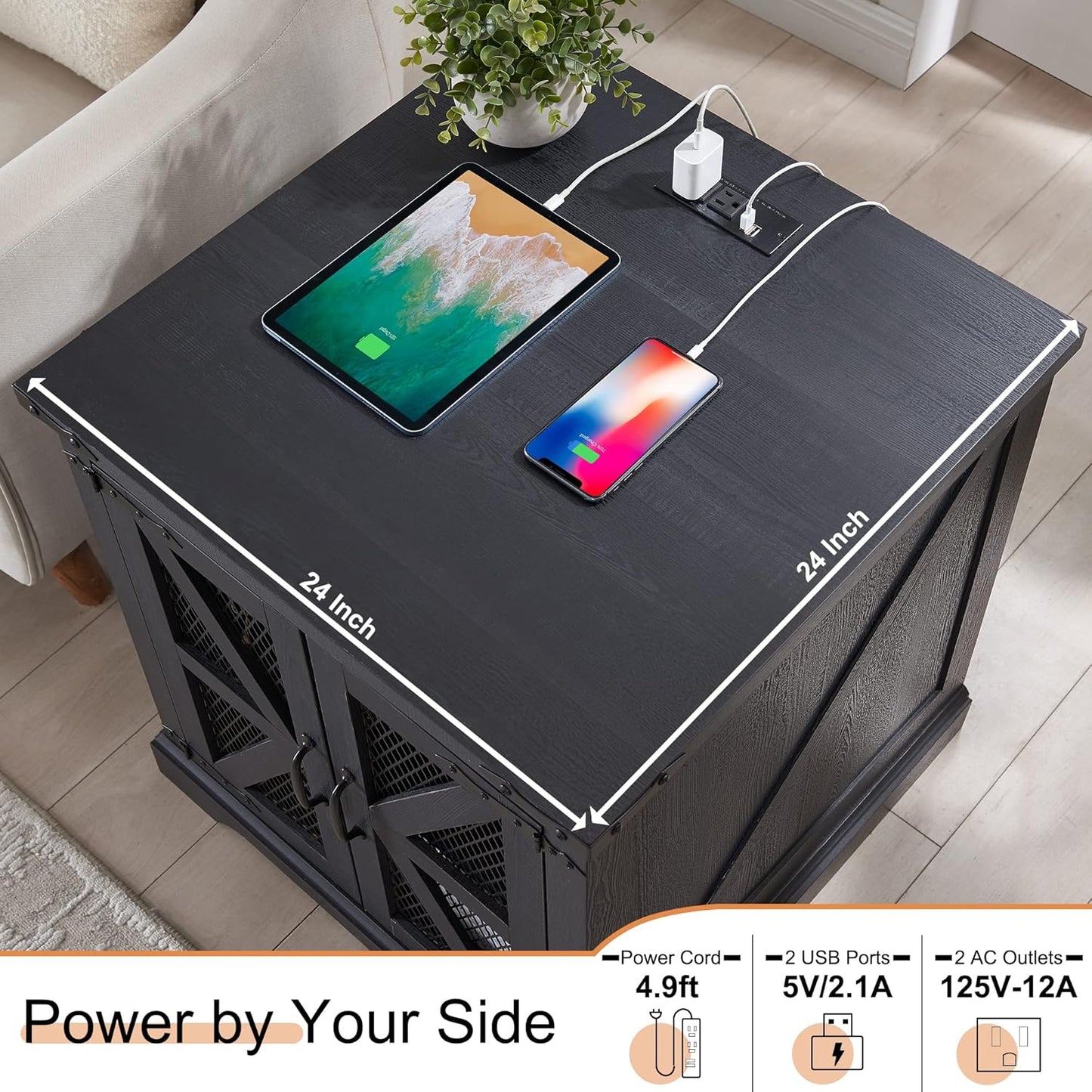 JXQTLINGMU Farmhouse End Table, 24" Large Sofa Side Table with Charging Station, Mesh Barn Door, and Adjustable Storage Shelf, Rustic Wood Square Nightstand for Living Room, Bedroom, Office, Black