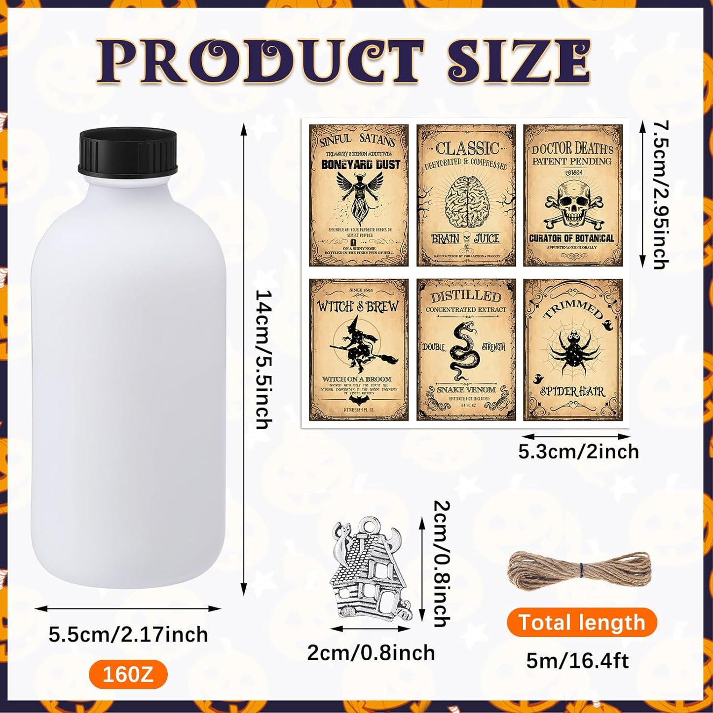 Uiifan 31 Pcs Halloween Potion Bottles Set Including Glass Apothecary Bottles with Cork Stickers and Pendants Halloween Decorations Indoor Party Supplies(White, Black,8.5 oz)