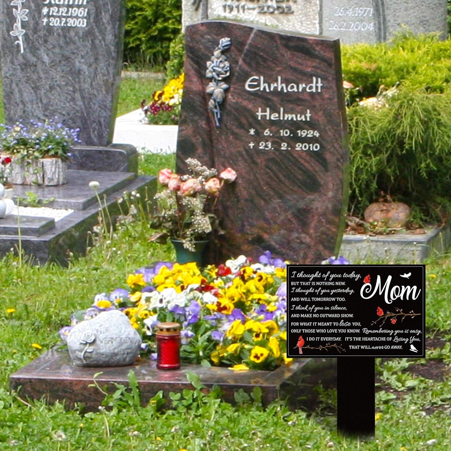 BUoonyer Stake Graves Cemetery Decorations - Mom Metal Memorial Grave Markers, Mother Garden Graveyard Sympathy Plaque, Cardinal Birds Remembrance Graveside Burial Decor Sign for Outdoor Outside Yard