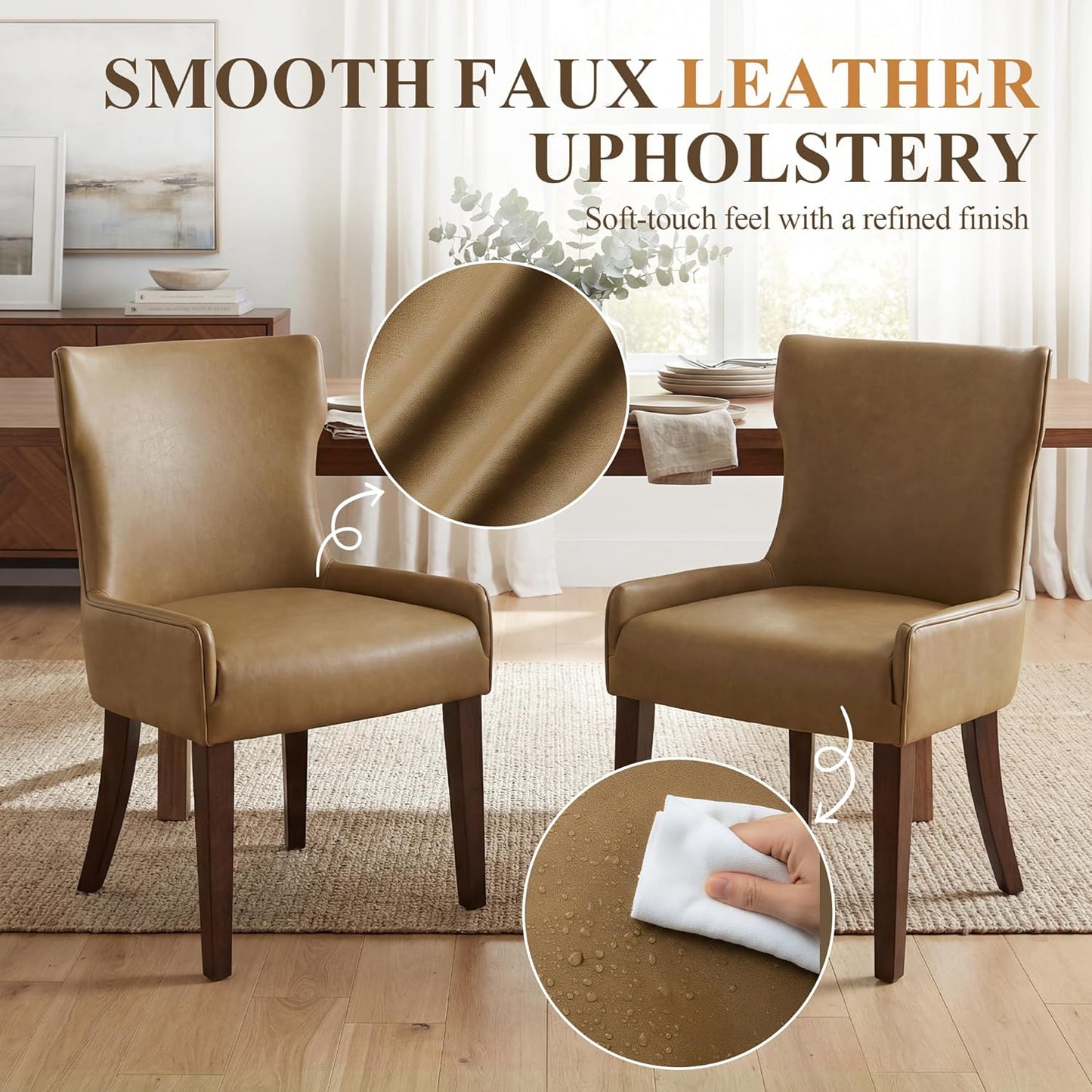 Modern Dining Chairs Set of 4, Faux Leather Kitchen Chairs with Wood Legs, Upholstered Curved Back Side Accent Chair for Kitchen/Dining Room, Brown PU