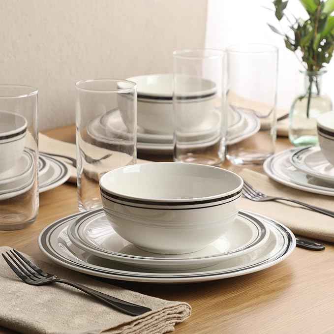 Gibson Home Hometown Diner 12-Piece Porcelain Dinnerware Set, Round Plates and Bowls Set for 4, White with Black Rim, Dishwasher Safe – Dinner Plate, Salad Plate & Cereal Bowl